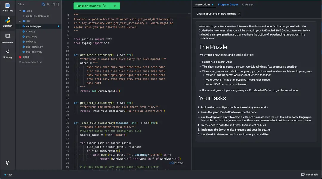 A screenshot of the CoderPad environment from Meta